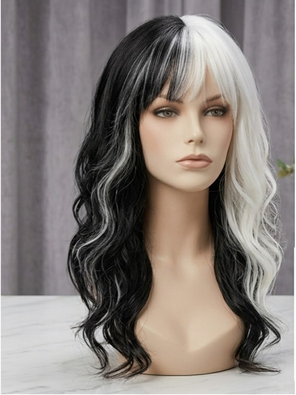 Medium Length Black & White Split Wig with Bangs. NW Used As Display.